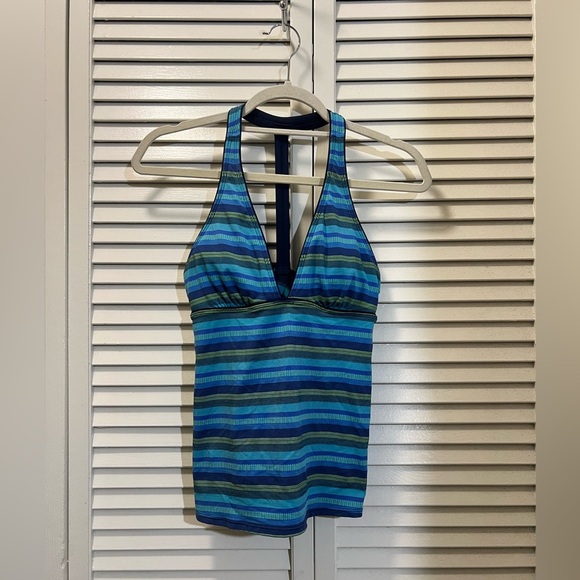 Athleta Tulum T Back Tankini Top Navy Blue Stripes - Picture 2 of 6